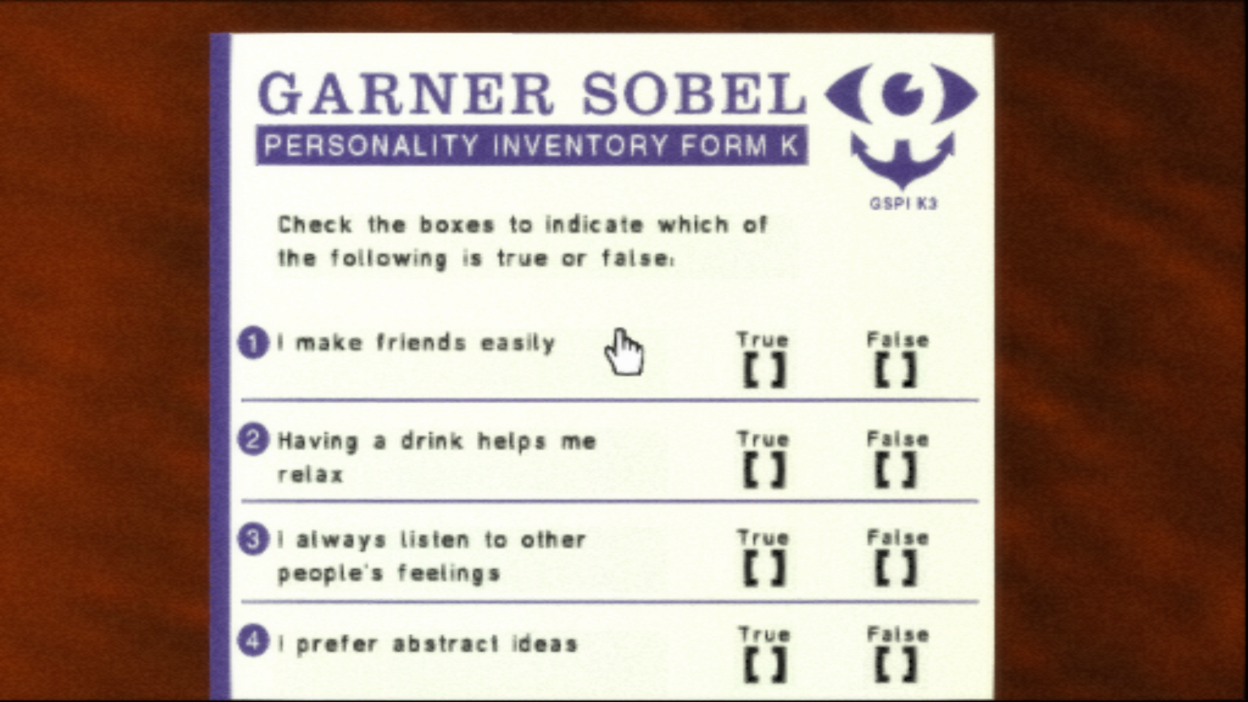 Screenshot of Silent Hill: Shattered Memories (close-up of a psychological questionnaire form)