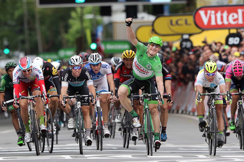 Andre Greipel salutes his win during stage 5.