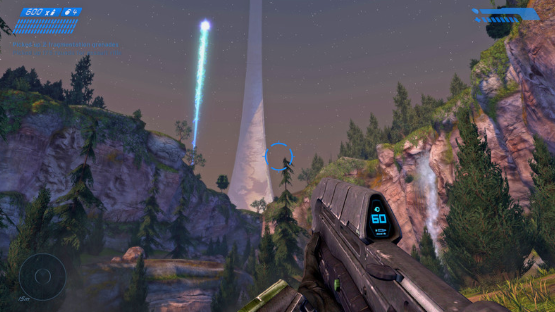 A screenshot from Halo, showing Master CHief aiming a rifle at an enormous ring.