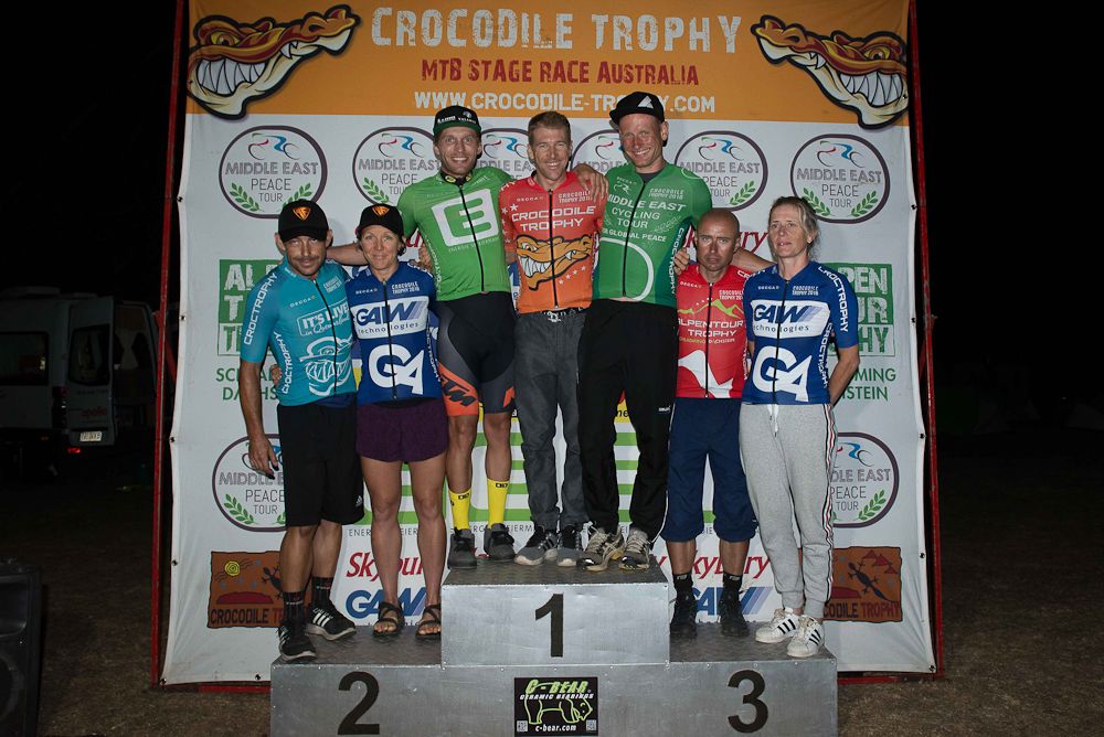 Leader jerseys (l-r): Bart Duraj (AUS, Best Australian), Sarah White (AUS, Overall Leader Women), Matthias Grick (Best Austrian), Konny Looser (SUI, Runner-Up), Urs Huber (SUI, Overall Leader), Michal L&aacute;n&iacute;k (CZE, Best Amateur Men), Mona Van Nassauw (BEL, Best Amateur Woman)