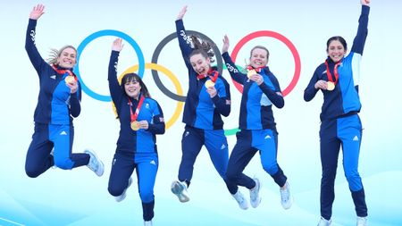 Team GB curlers Milli Smith, Hailey Duff, Jennifer Dodds, Vicky Wright and Eve Muirhead pose with their gold medals  