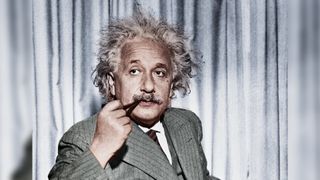 Colorized photo of Einstein smoking a pipe