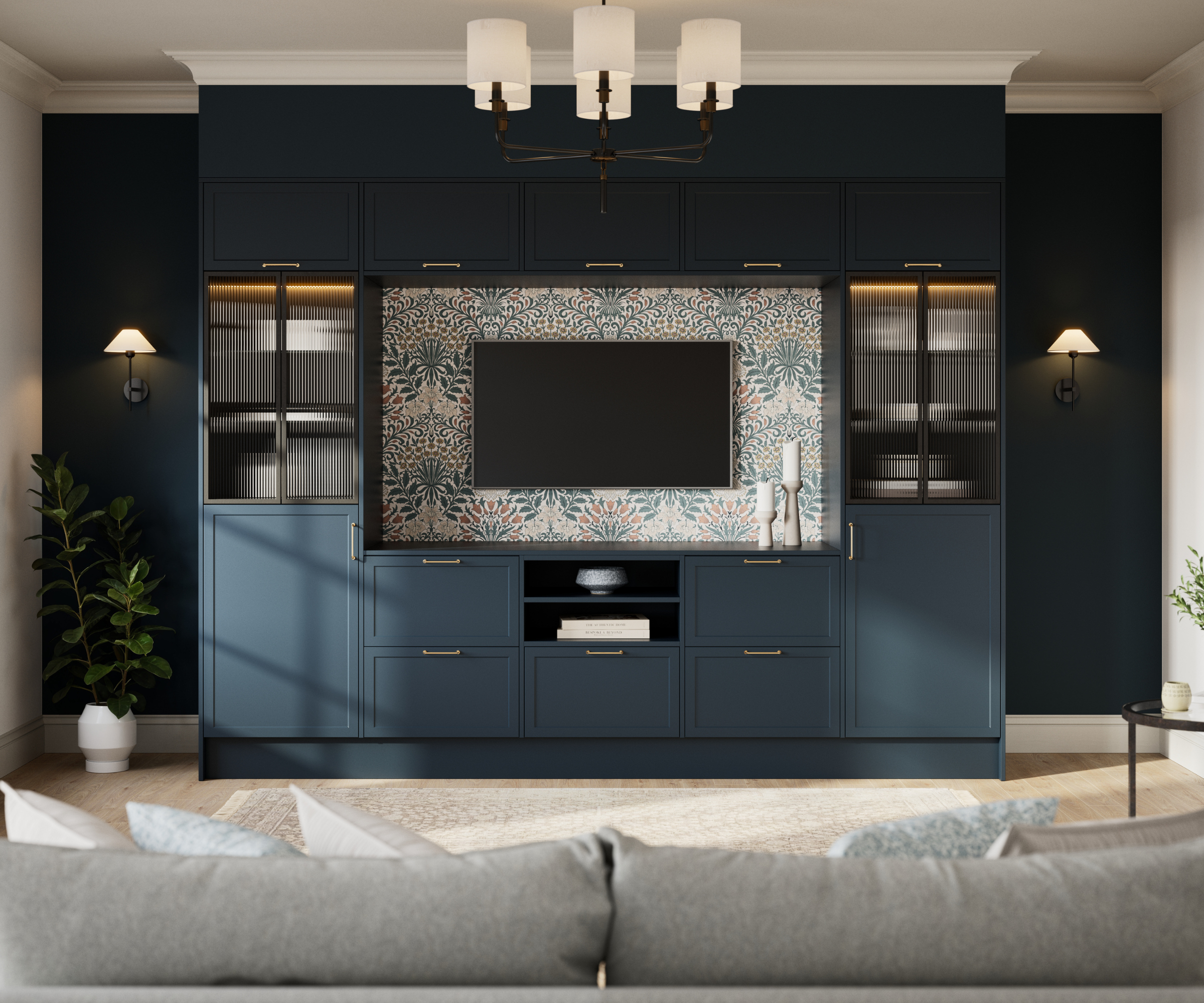 Blue media wall with wallpaper behind the tv