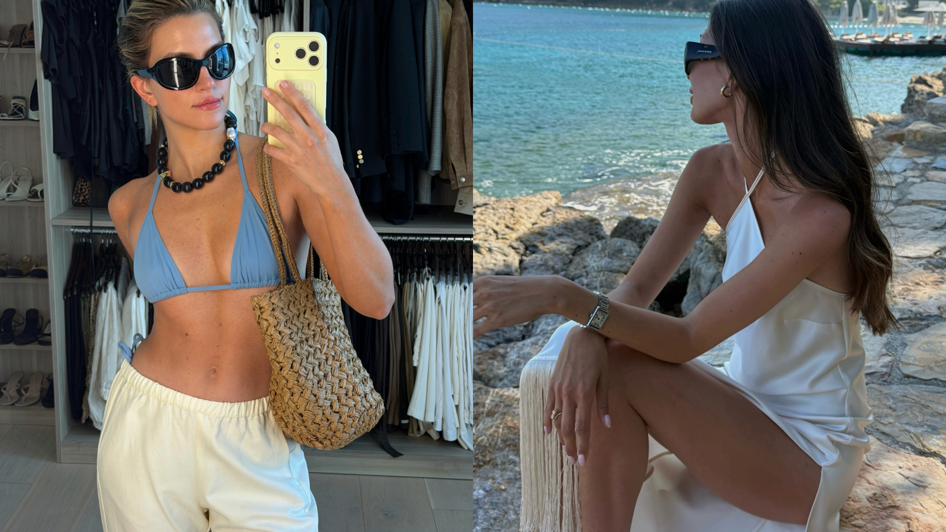 Cass Dimicco in a blue swimsuit and The Row bag; Felicia Akerstrom in a white New Arrivals fringe dress