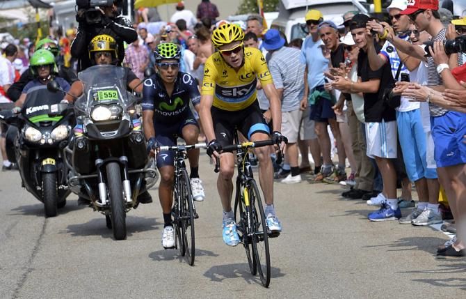 Chris Froome (Sky Procycling) leads Nairo Quintana (Movistar) on the upper slopes of Mont Ventoux
