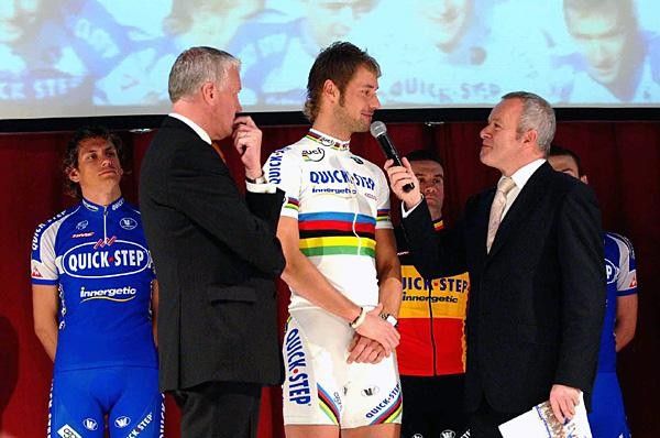 Tom Boonen interviewed as Lefevere looks on