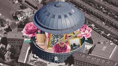 Aerial view of the Koepelgevangenis, with the dome lifted and revealing art, flowers, and a hand holding a coffee cup inside