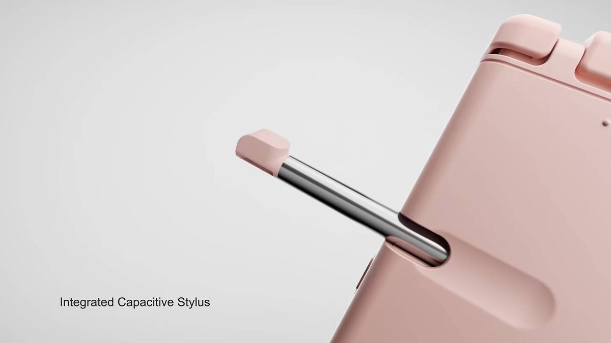 Stylus sliding out of pink Anbernic RG DS Plus handheld.