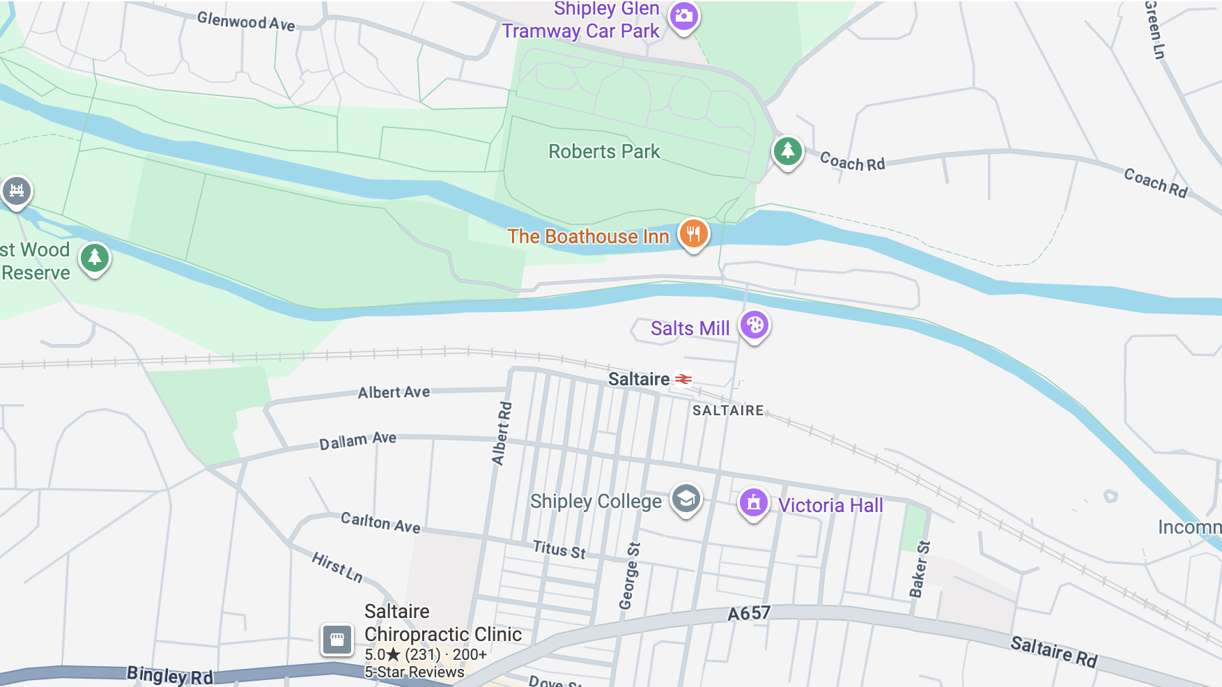 A screenshot from google maps of saltaire village in the uk