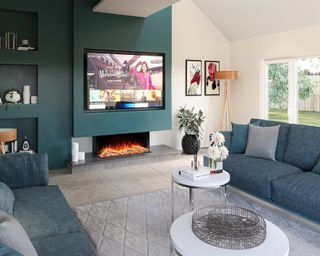 Modern fireplace with TV and blue feature wall