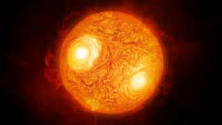 Artist's illustration of the red giant Antares, a huge glowing orange sphere.