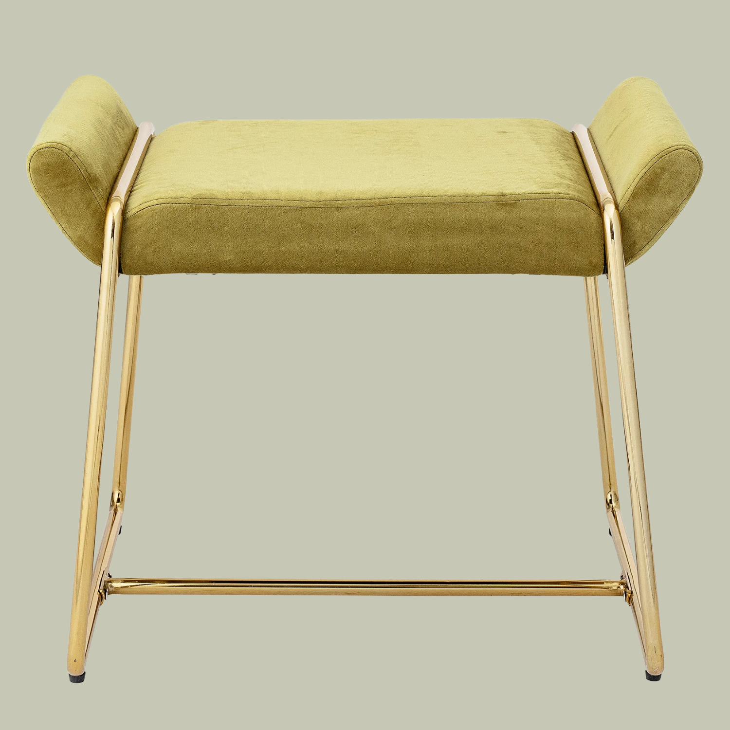 A yellow stool with gold hardware