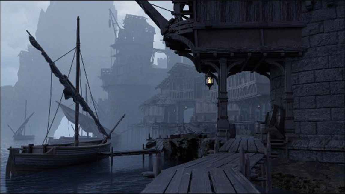 Digital art in progress showing a moody foggy scene at a dock