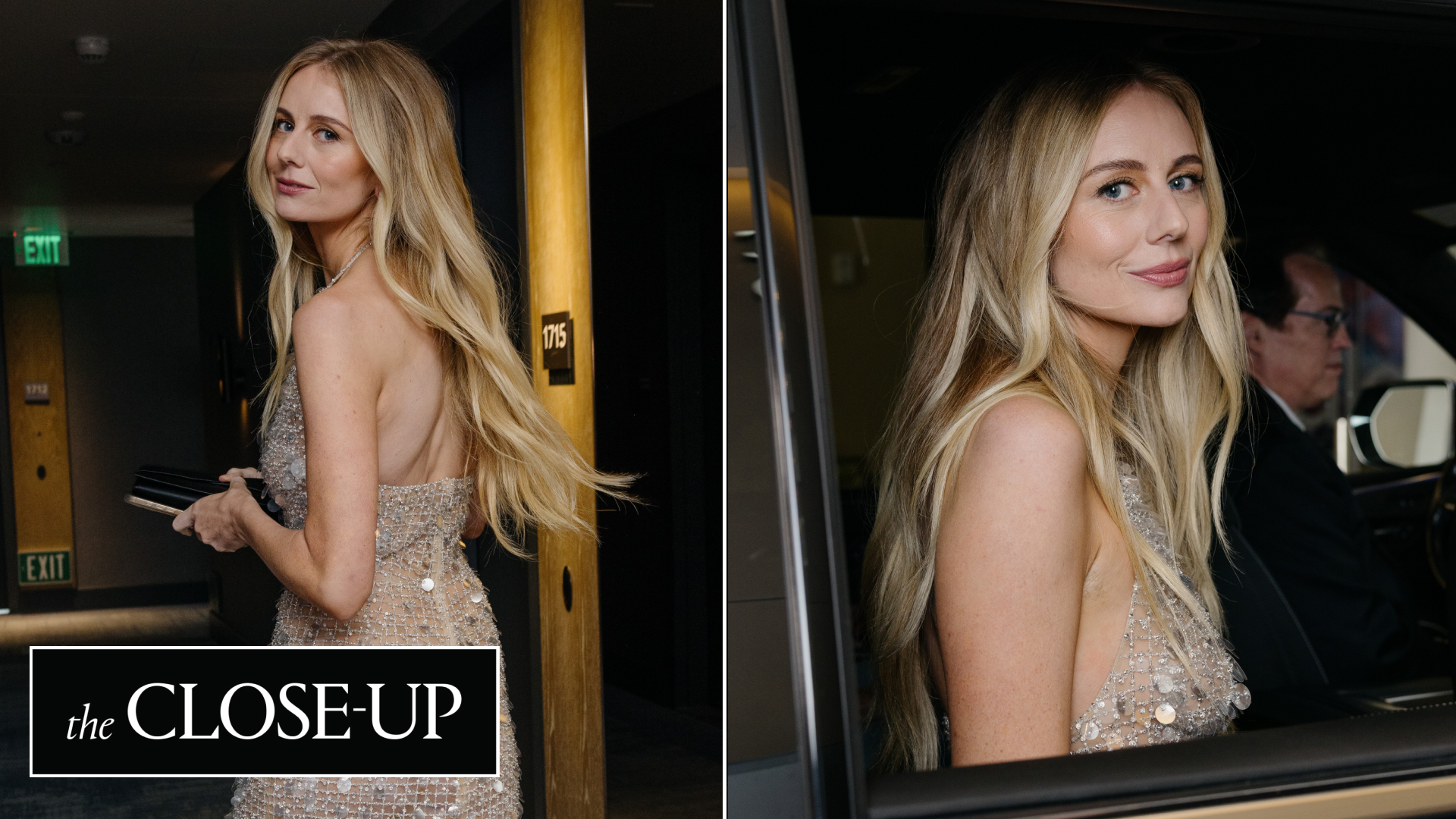 Justine Lupe getting ready for the 2025 Emmy awards red carpet in her Carolina Herrera dress