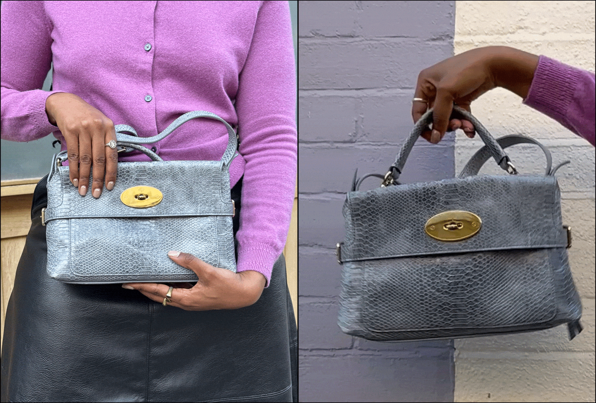A fashion editor styles the Mulberry Small Stevie Top Handle in Foggy Grey Waxed Snake Print