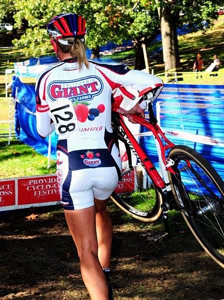 Merideth Miller (California Giant Berries) tripped on the barriers but did not lose much ground.