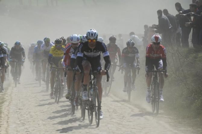 The peloton on the Paris-Roubaix cobbles