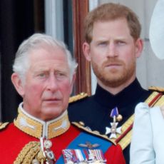 King Charles wears bright red military uniform and stands on the Buckingham Palace balcony with son Prince Harry