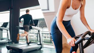 A photo of a man running on a treadmill and a woman riding an exercise bike