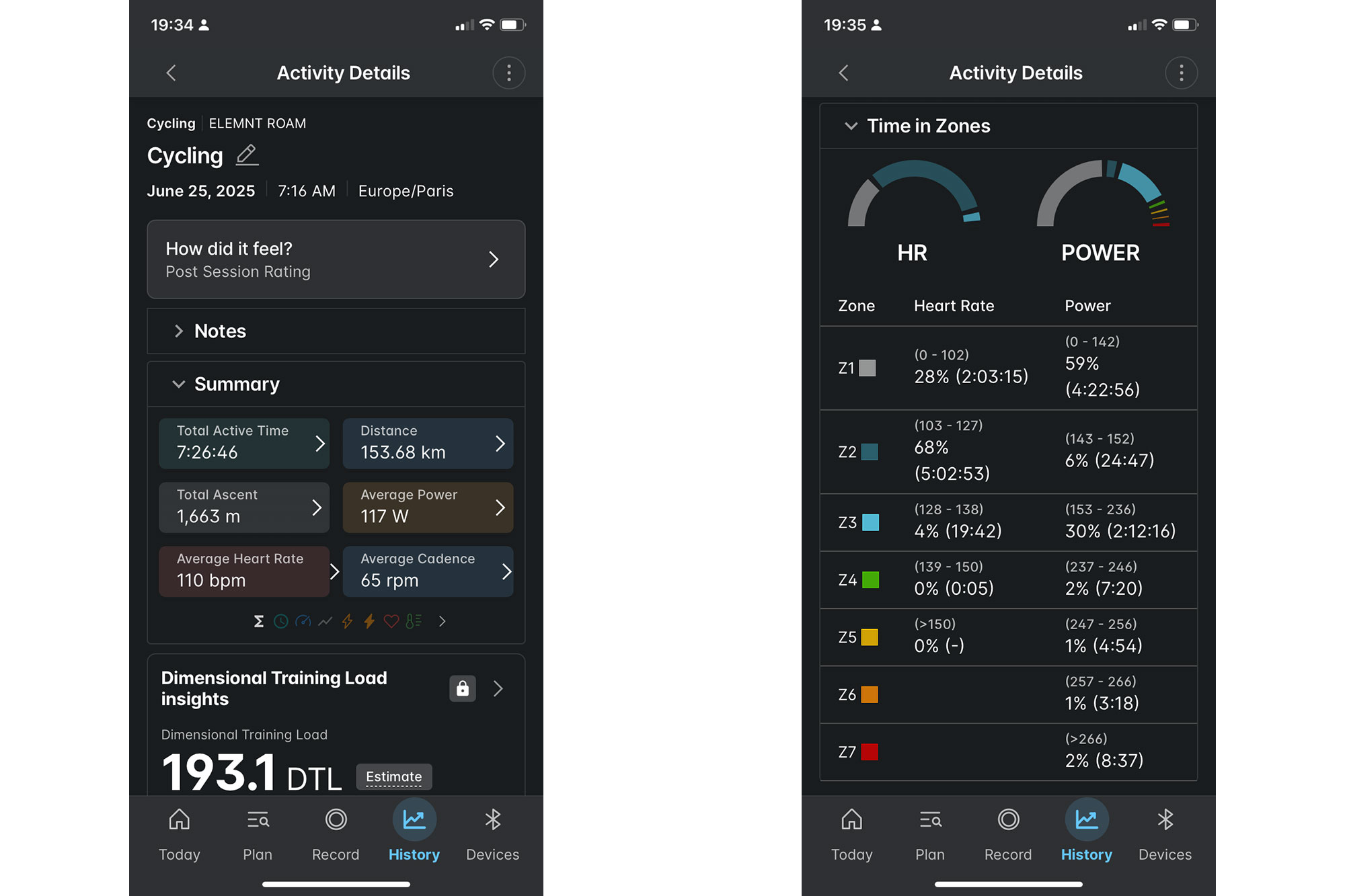 Wahoo app showing post ride power stats