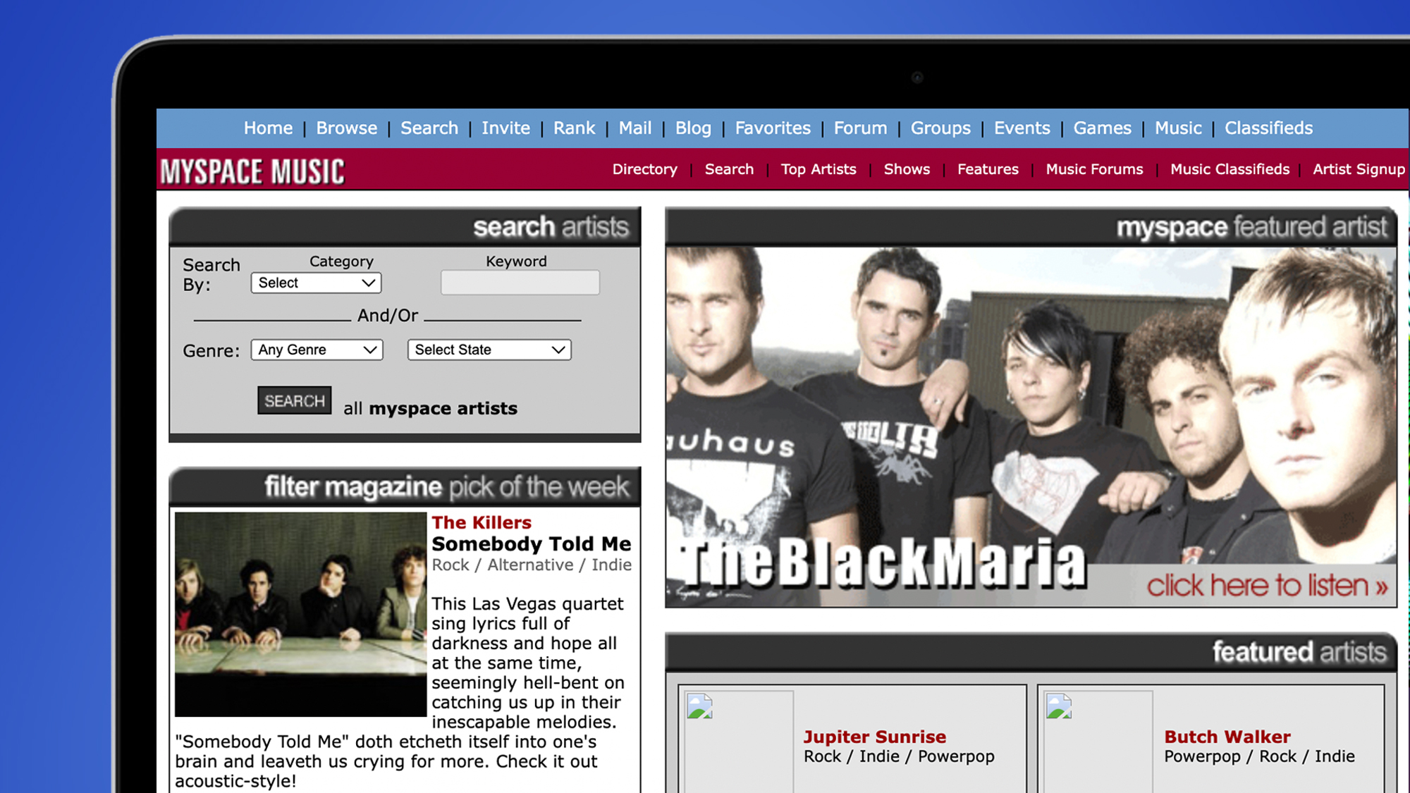 A laptop screen showing MySpace in its early days