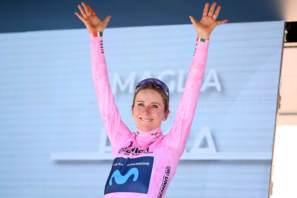 ALDENO ITALY JULY 08 Annemiek Van Vleuten of Netherlands and Movistar Team Pink Leader Jersey celebrates at podium during the 33rd Giro dItalia Donne 2022 Stage 8 a 1047km stage from Rovereto to Aldeno GiroDonne UCIWWT on July 08 2022 in Aldeno Italy Photo by Dario BelingheriGetty Images