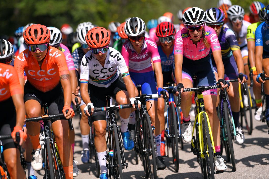 TIVOLI ITALY SEPTEMBER 14 Soraya Paladin of Italy and Team CCC Liv Ashleigh Moolman Pasio of South of Africa and Team CCC Liv Cecilie Uttrup Ludwig of Denmark and Team FDJ Nouvelle Aquitaine Futuroscope during the 31st Giro dItalia Internazionale Femminile 2020 Stage 4 a 1703km stage from Assisi to Tivoli 237m GiroRosaIccrea GiroRosa on September 14 2020 in Tivoli Italy Photo by Luc ClaessenGetty Images
