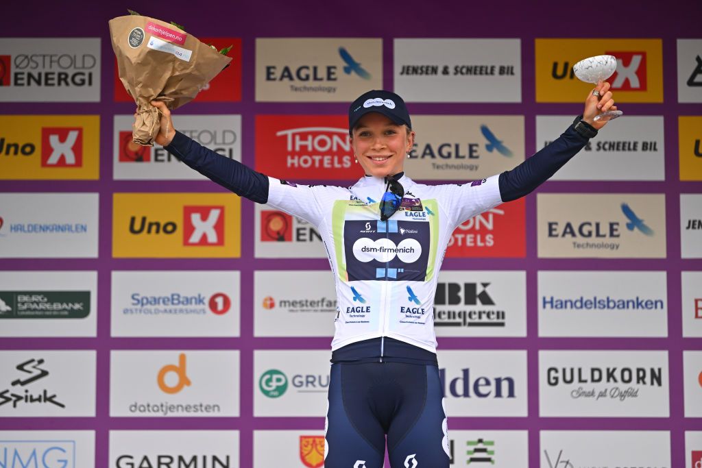 LARVIK NORWAY AUGUST 25 Eglantine Rayer of France and Team DSMFirmenich celebrates at podium as White Best Young Rider Jersey winner during the 9th Tour of Scandinavia 2023 Battle Of The North Stage 3 a 1349km stage from Kongsberg to Larvik UCIWWT on August 25 2023 in Larvik Norway Photo by Luc ClaessenGetty Images