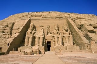 The Abu Simbel temples sit on the west bank of the Nile River.