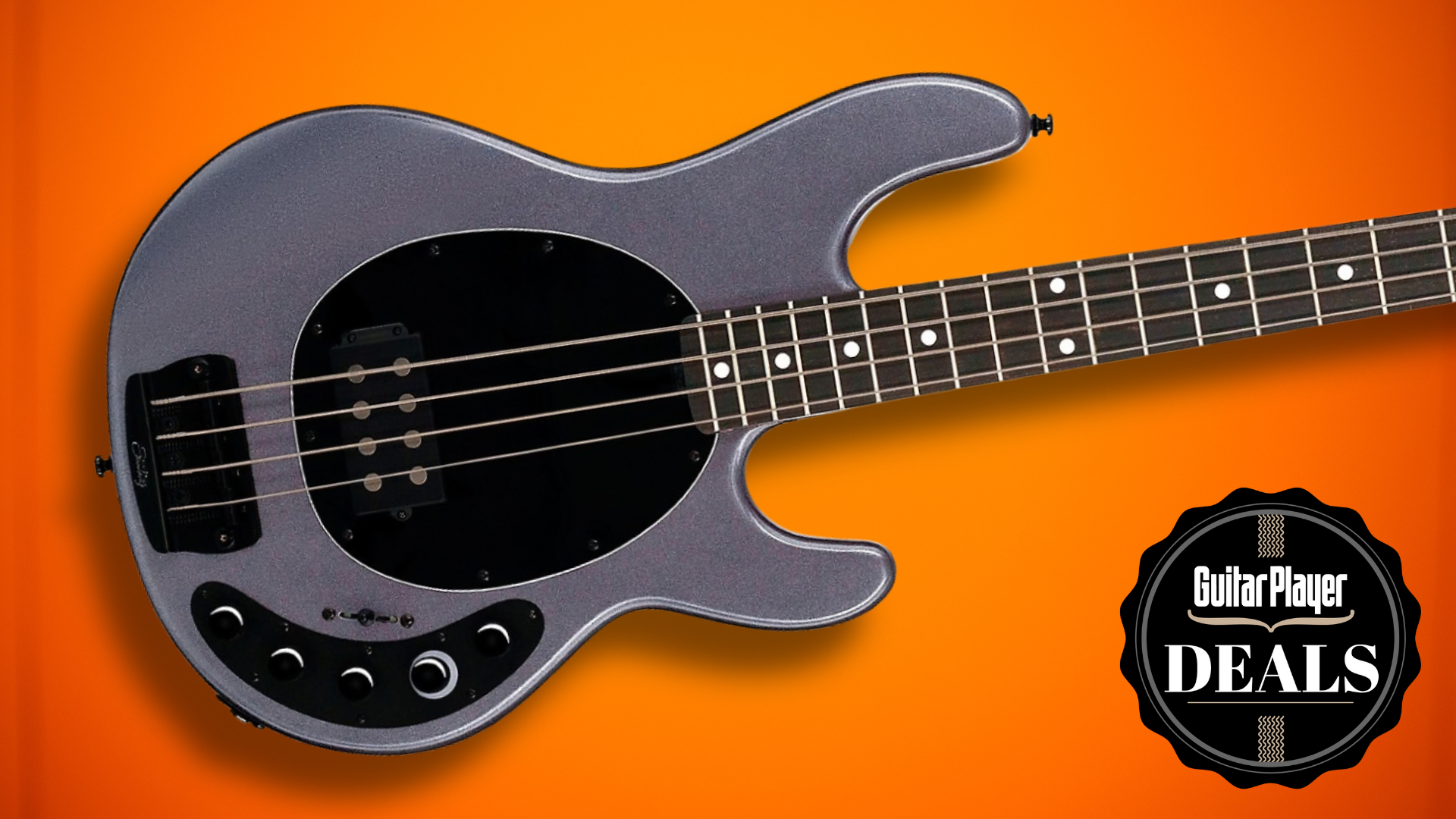 A Sterling by Music Man DarkRay bass on an orange background