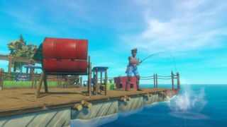How to get bait in Raft - a player is stood at the edge of a raft, next to a red grill, with a fishing rod