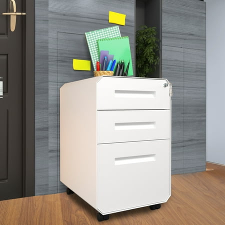 Uforic 3-Drawer Metal Filing Cabinet, Pre-Assembled Portable File Cabinet With Lock, Divider and Pencil Tray, White