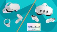 Meta Quest deals hero image showing the Quest 2 and Quest 3 headsets on a blue background