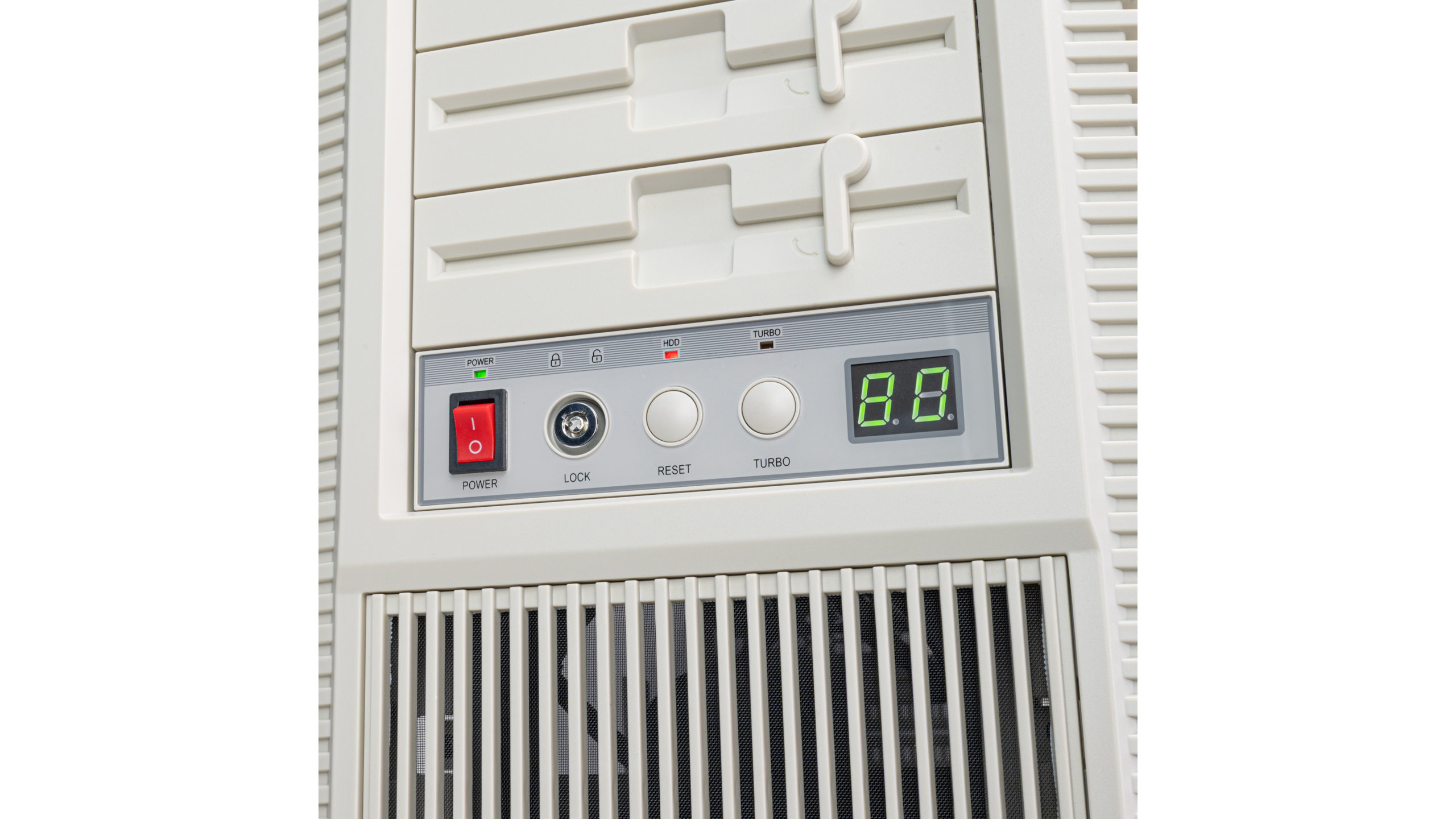 A promotional image of the SilverStone SST-FLP02 PC case, highlight its retro-styled features