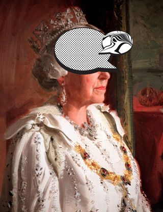 Queen Elizabeth the second with her face obscured by a cartoon speech bubble