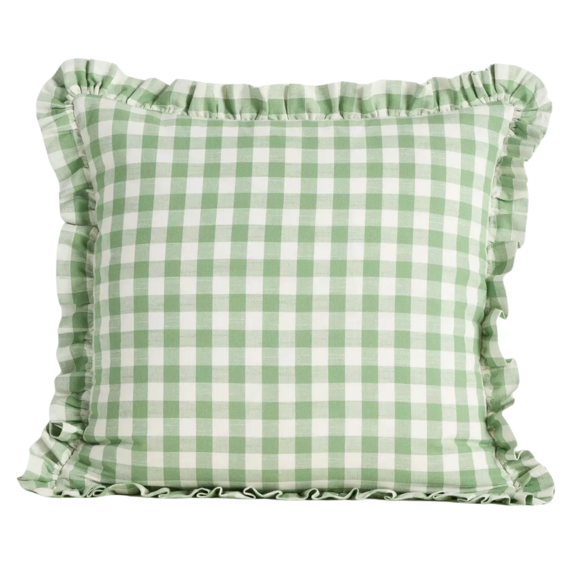Green and white Anthro gingham ruffle cushion