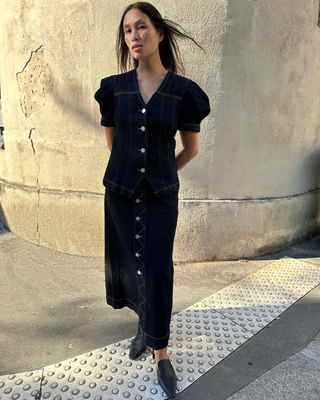 Anne-Victoire Lefevre wears a denim co-ord