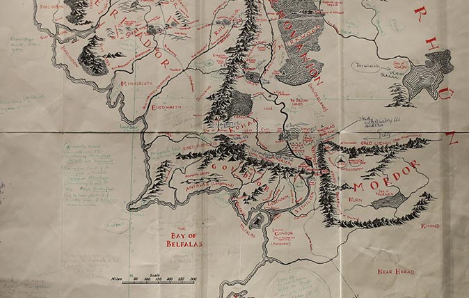 A hand-drawn &#039;Annotated map of Middle-earth&#039; by British author J. R. R. Tolkien is seen during a preview of the exhibition Tolkien: Maker of Middle-earth at Weston Library, part of the Bodleian Library, in Oxford, west of London, on May 31, 2018. - The exhibition that curates a large amount of Tolkien-related materials from around the world opens at the Bodleian Libraries in Oxford on June 1. (Photo by Daniel LEAL-OLIVAS / AFP) / RESTRICTED TO EDITORIAL USE - MANDATORY MENTION OF THE ARTIST UPON PUBLICATION - TO ILLUSTRATE THE EVENT AS SPECIFIED IN THE CAPTION (Photo credit should read DANIEL LEAL-OLIVAS/AFP/Getty Images)