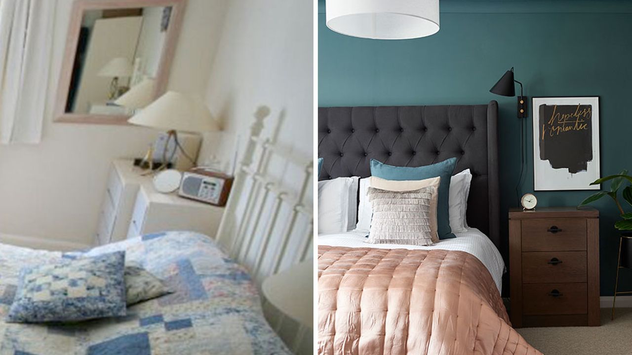 before and after images of bedroom renovation with teal wall