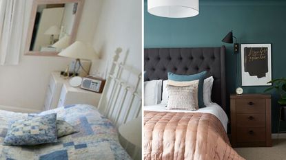 teal walled bedroom with carpet flooring and wooden bedside table