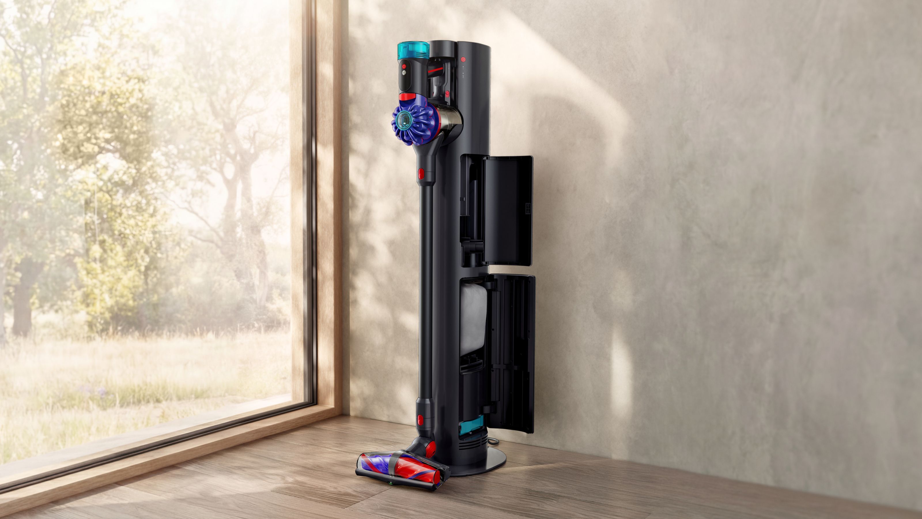 Dyson V10 Konical vacuum sitting on its auto-empty dock next to a window in an empty room