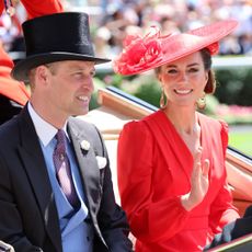 The Prince and Princess of Wales arrive at Royal Ascot 2023, with the Princess of Wales wearing a red dress and statement earrings