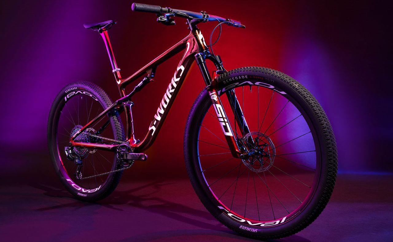 Specialized S-Works Epic in red, blue and purple 'speed of light' colorway
