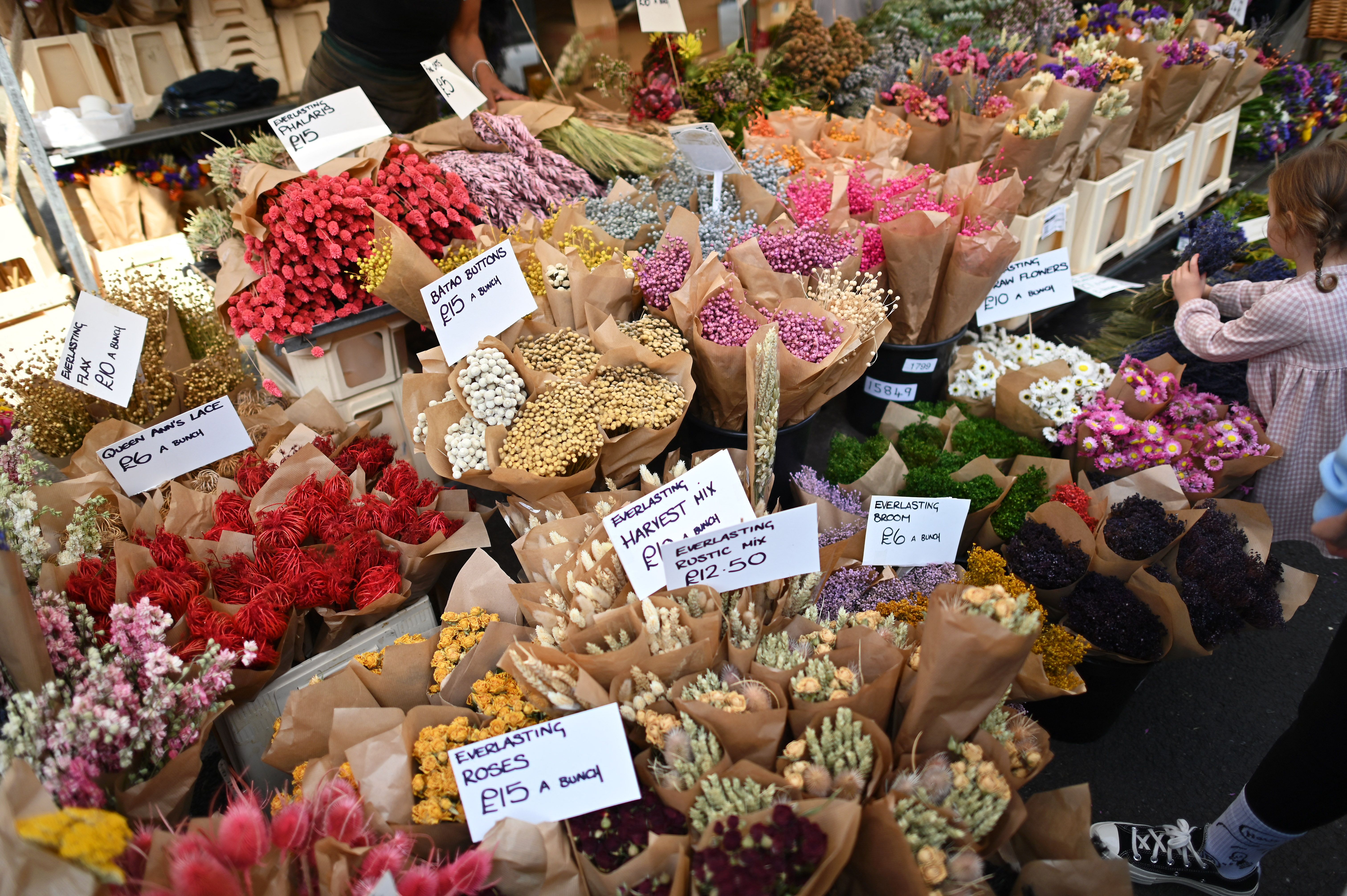 A selection of flowers and plants for sale are seen on a stall at Columbia Road flower market in east London on September 12, 2021. The weekly flower market takes place every Sunday between 8am and 3pm where market traders line the narrow street selling flowers, houseplants, herbs, bulbs and shrubs. The UK government has dropped a plan to make people in England show vaccine passports to enter crowded events such as nightclubs, the health minister said Sunday. The government had previously said these would be introduced at the end of this month.