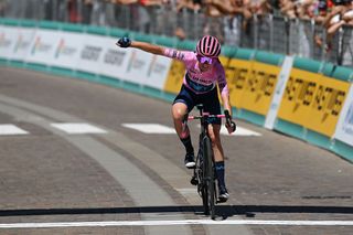 ALDENO ITALY JULY 08 Annemiek Van Vleuten of Netherlands and Movistar Team Pink Leader Jersey celebrates at finish line as stage winner during the 33rd Giro dItalia Donne 2022 Stage 8 a 1047km stage from Rovereto to Aldeno GiroDonne UCIWWT on July 08 2022 in Aldeno Italy Photo by Dario BelingheriGetty Images