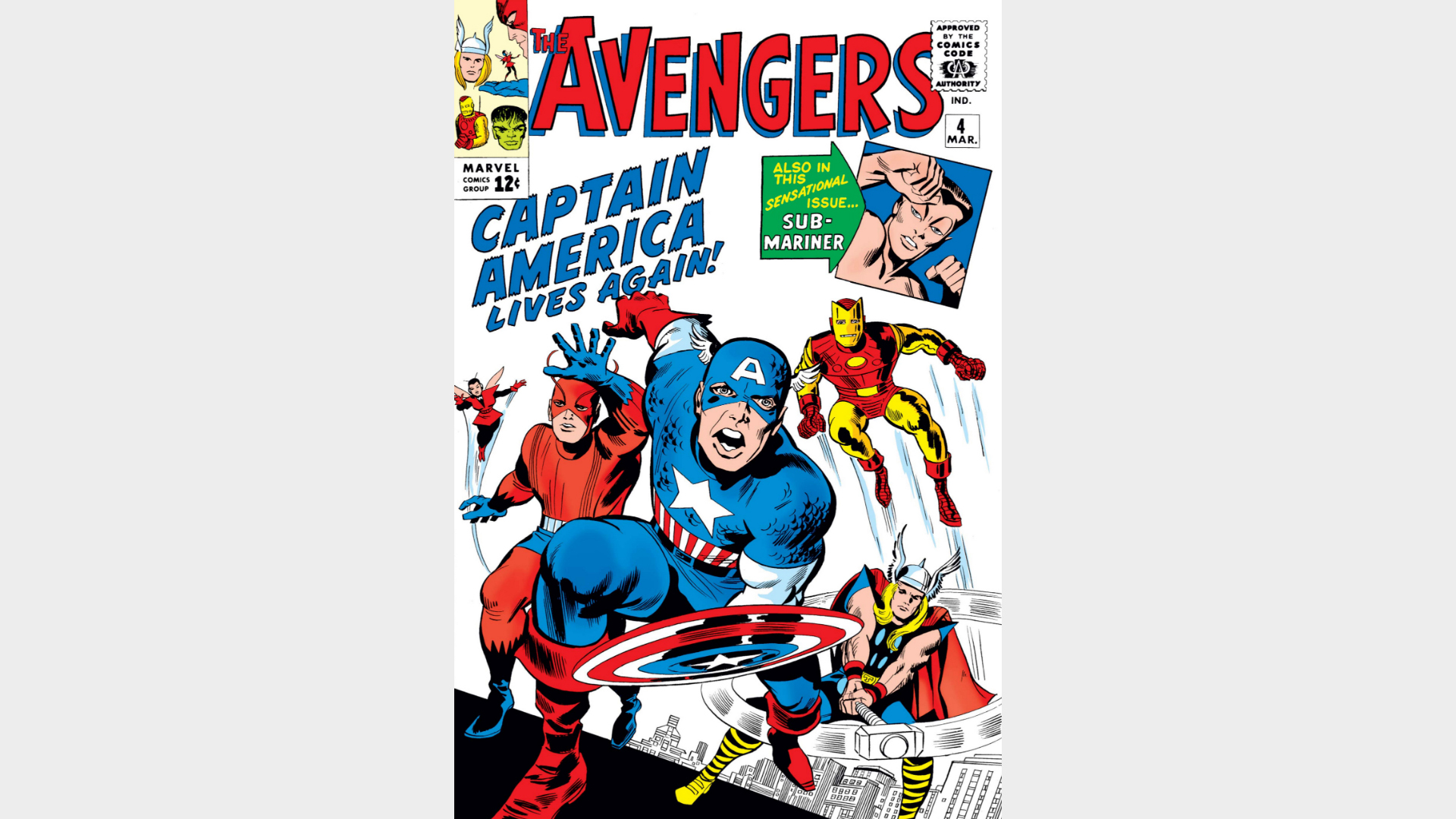 Captain America leading the Avengers, with Wasp, Giant-Man, Iron Man , and Thor following him