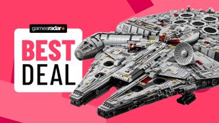 Lego UCS Millennium Falcon model beside a &#039;best deal&#039; badge, all against a pink background