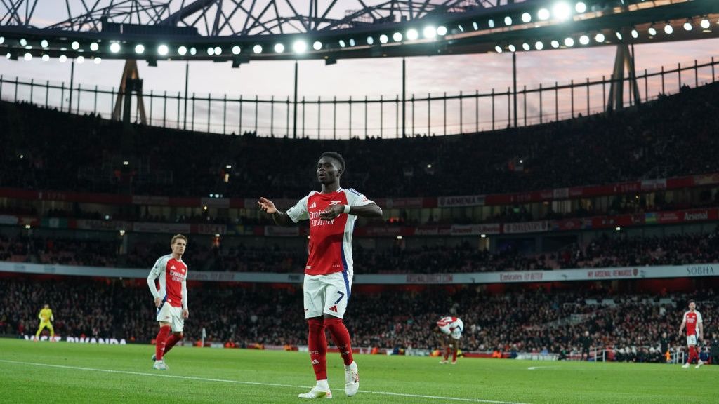 Arsenal&#039;s Bukayo Saka during the Premier League match between Arsenal FC and Everton FC at Emirates Stadium on December 14, 2024 in London, England.