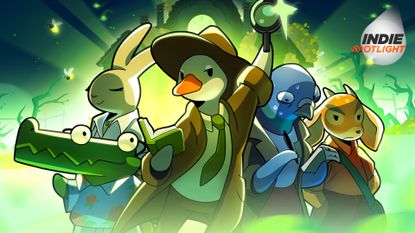 They key art for Duck Detective The Ghost of Glamping with the GamesRadar+ indie spotlight logo. From left to right on a spooky background: Arnaud Benoit, Freddy Frederson, Eugene McQuacklin, Emilia Dinkel, and Katja Reh.