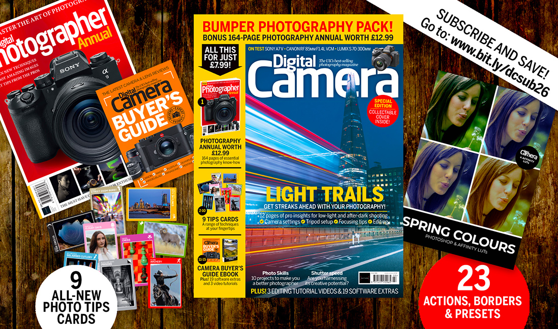 Front cover of issue 304 (March 2026) of Digital Camera magazine and images showing the highlights of the bonus gifts included with the magazine &amp;ndash; nine photo tips cards, 3 image editing tutorial videos, 23 software extras and two e-books